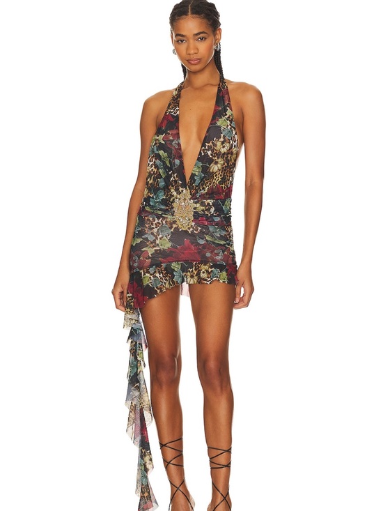 Jaded London Dresses & Skirts - Jaded London Plunge Halter Mini Dress with Floral & Leopard Print Worn Once